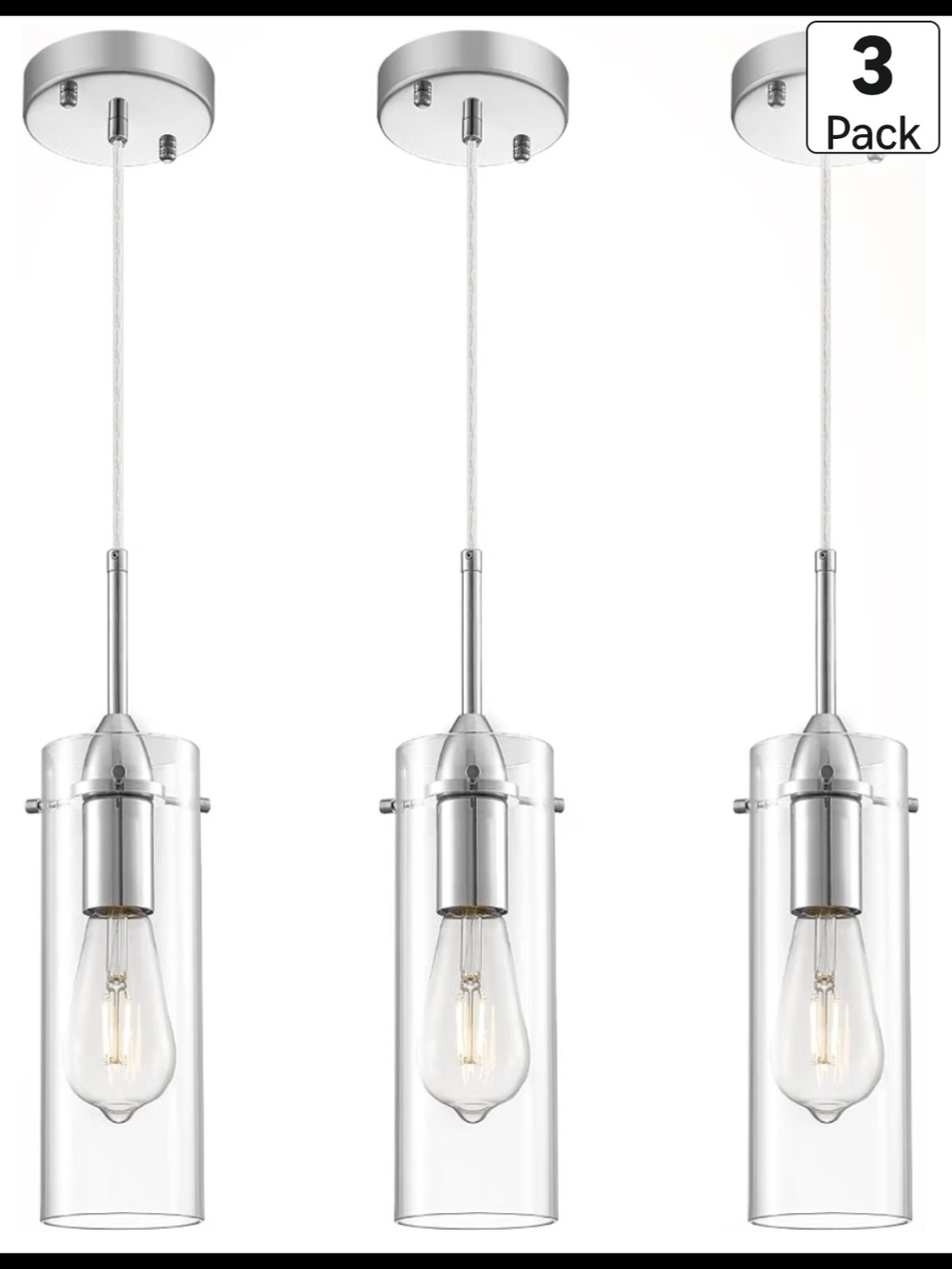 3-Pack Clear Cylinder Glass Pendant Lights in Silver